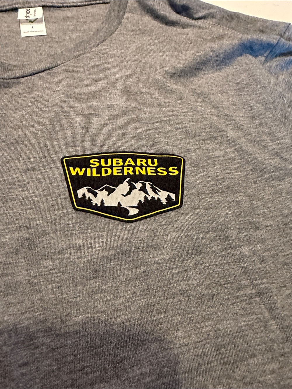 Subaru Gray Short Sleeve Tee with Yellow & Black Subaru Wilderness Patch - Picture 2 of 6